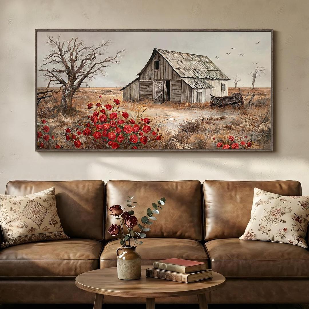 Large Framed Farmhouse Vintage Landscape Wall Art for Living Room, 60x30 In