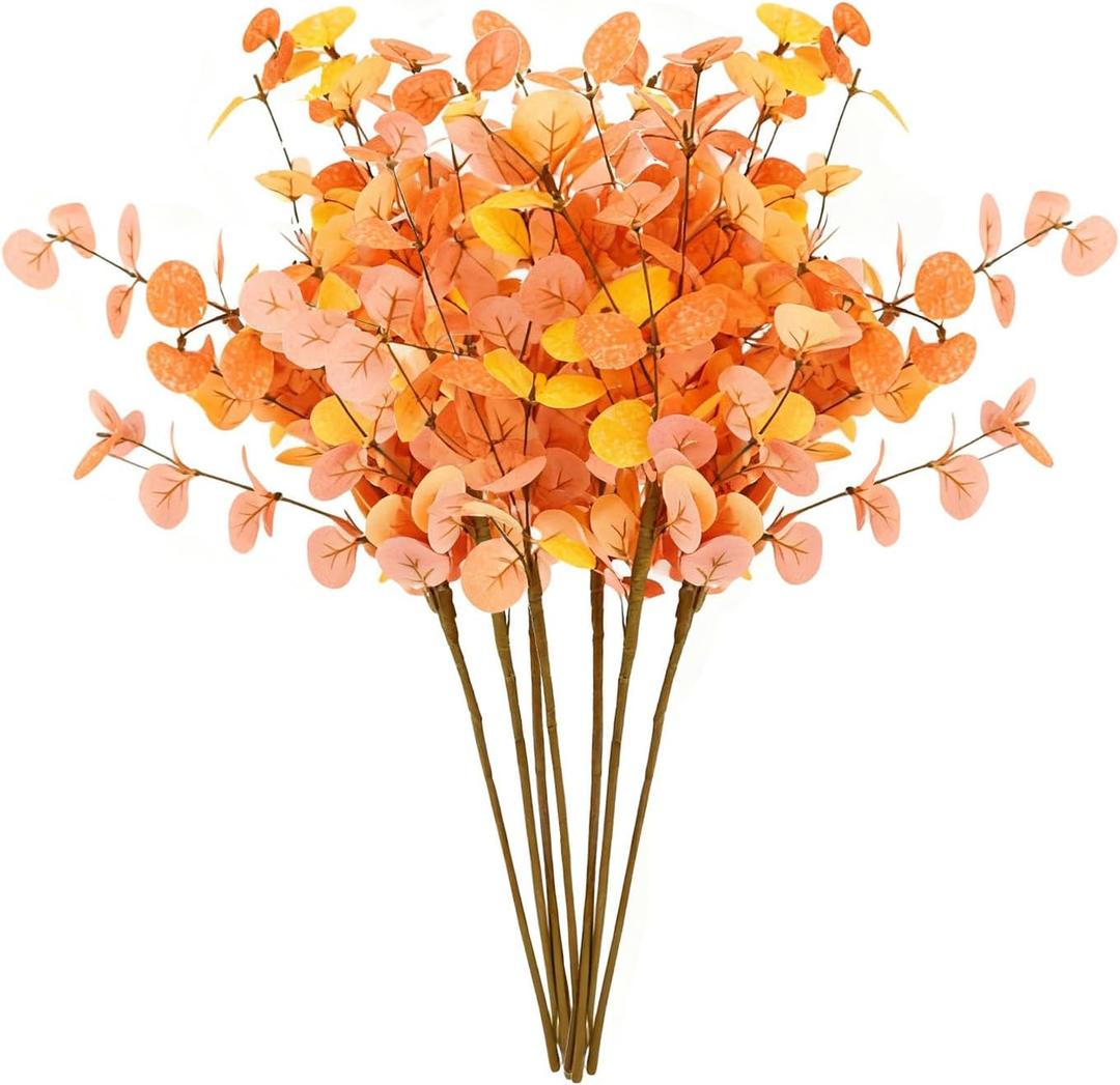 7 PCS Artificial Eucalyptus Stems Greenery Stems 24" Tall Orange and red Two Colors Leaves in Autumn Fake Plants Decor Faux Floral Stems for Vase Home Party Wedding Decorations (7PCS Orange)