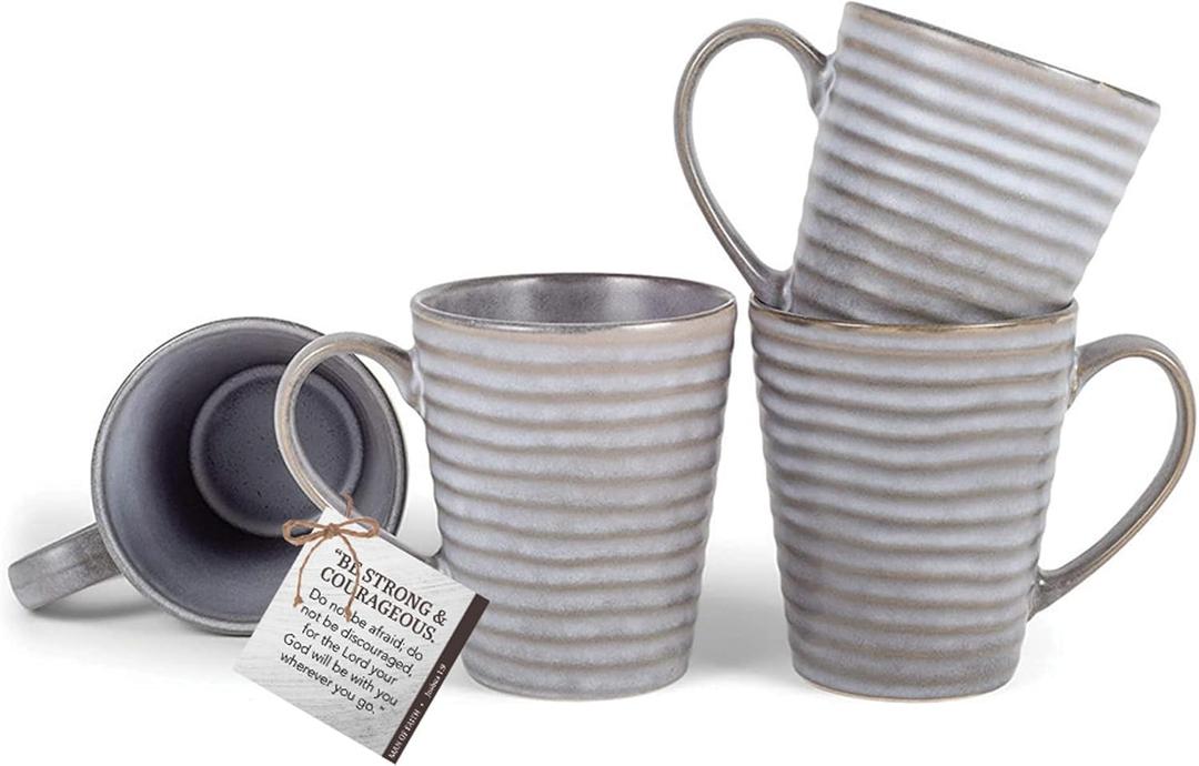 Cottage Garden EMUGTS-4PK-08 Have Faith Slate Grey Ribbed Ceramic Modern Chic Ribbed Coffee Cup Mug Boxed Set of 4