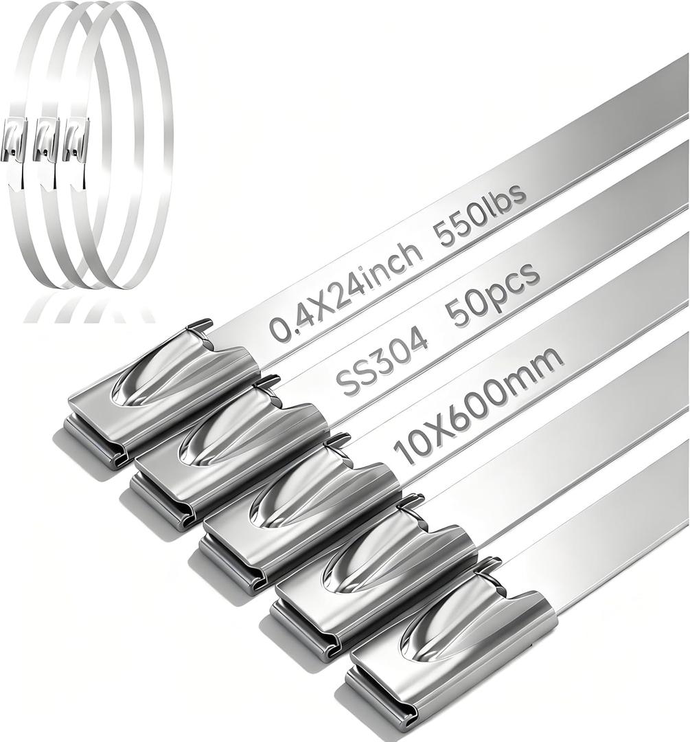 Metal Cable Zip Ties, 50Pcs 550 lbs Heavy Duty Stainless Steel Wire Ties, 24 Inch Self-Locking Strap Tie 304 Steel Cable Tie Strength Enough for Exhaust, Pipes, Garden Fence and Poultry Fence