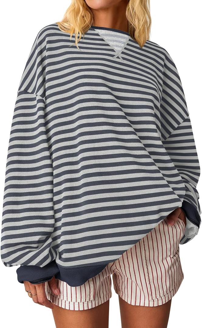 ANRABESS Women Striped Oversized Sweatshirt Crewneck Long Sleeve Shirts Hoodies 2025 Summer Fashion Pullover Top Y2K Outfits (X-Large, Grey Blue)
