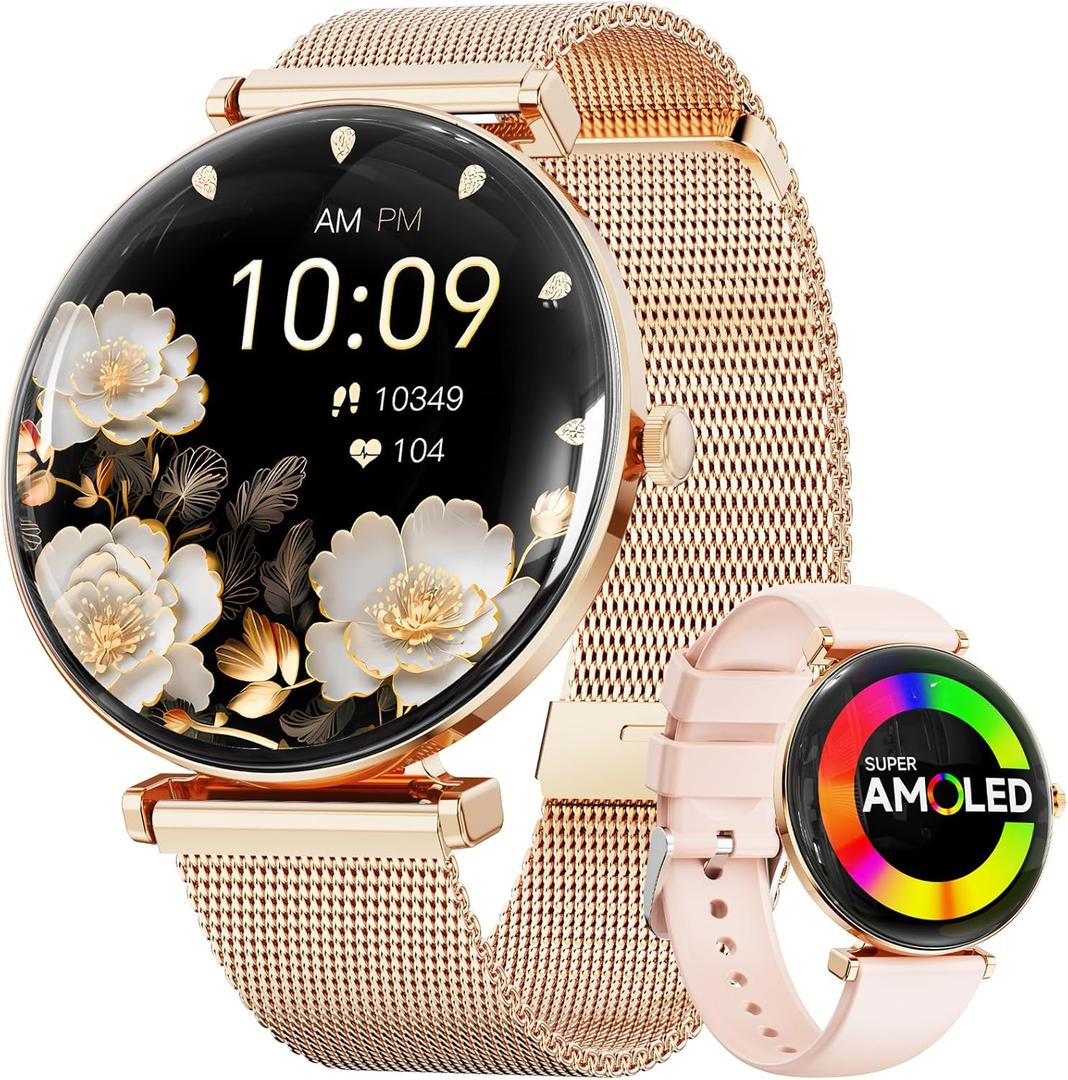 Hwagol Smart Watch[Call/Metal Slim] Android iPhone Compatible,1.43" Micro-Spherical AMOLED Smart Watches for Women,Fitness Tracker Pedometer/Sleep/Heart Rate Monitor(20mm Strap*2) (gold-pink)