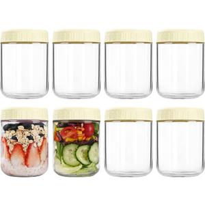 Overnight Oats Containers with Lids, 16oz Glass Jars with Lids 8 pcs, Milk White, Wide Mouth Mason jars for Salad, Yogurt, Snacks, Meal Prep