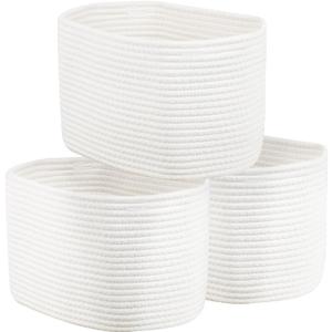 Set of 3 Woven Cotton Rope Baskets for Shelves, Organizing Gifts, Decorative Storage Box Bin Cube for Bathroom Shelves, Nursery (White, Set of 3) (Small)