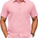 Alimens & Gentle Men's Short Sleeve Dress Shirts Wrinkle Free Untucked Casual Button Down Shirt, Pink, 3XL