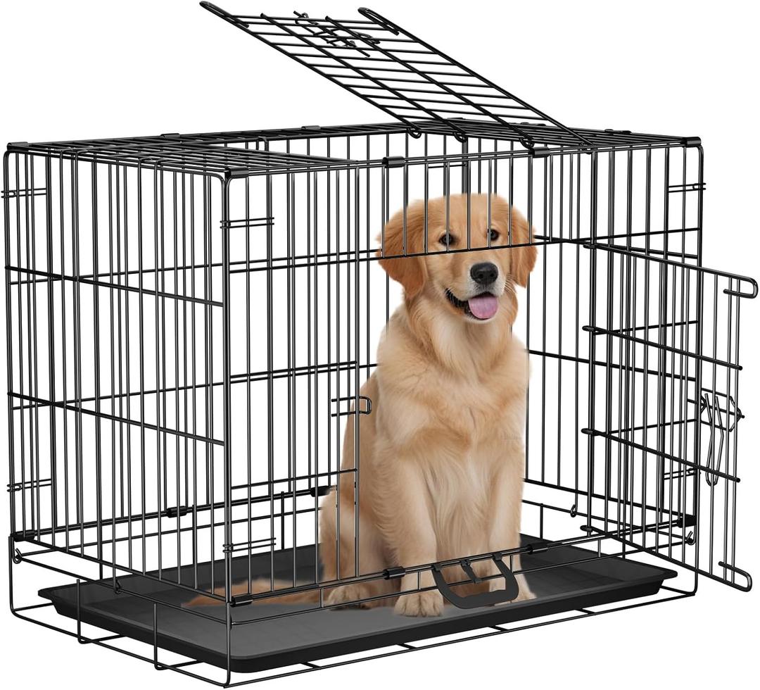 30-Inch Dog Crate with Double Door, Collapsible Metal Wire Dog Kennel Cage with Removable Tray and Divider Pannel, Pet Crate for Medium Dogs, Durable & Easy to Assemble