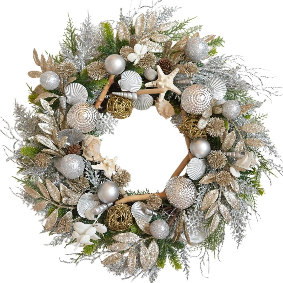 22 Inch Champagne Gold & Silver Seashell Wreath for Front Door, Coastal Summer Wreath with Natural Starfish, Abalone and Sand Dollars, Under The Sea Theme for Indoor Outdoor Decor