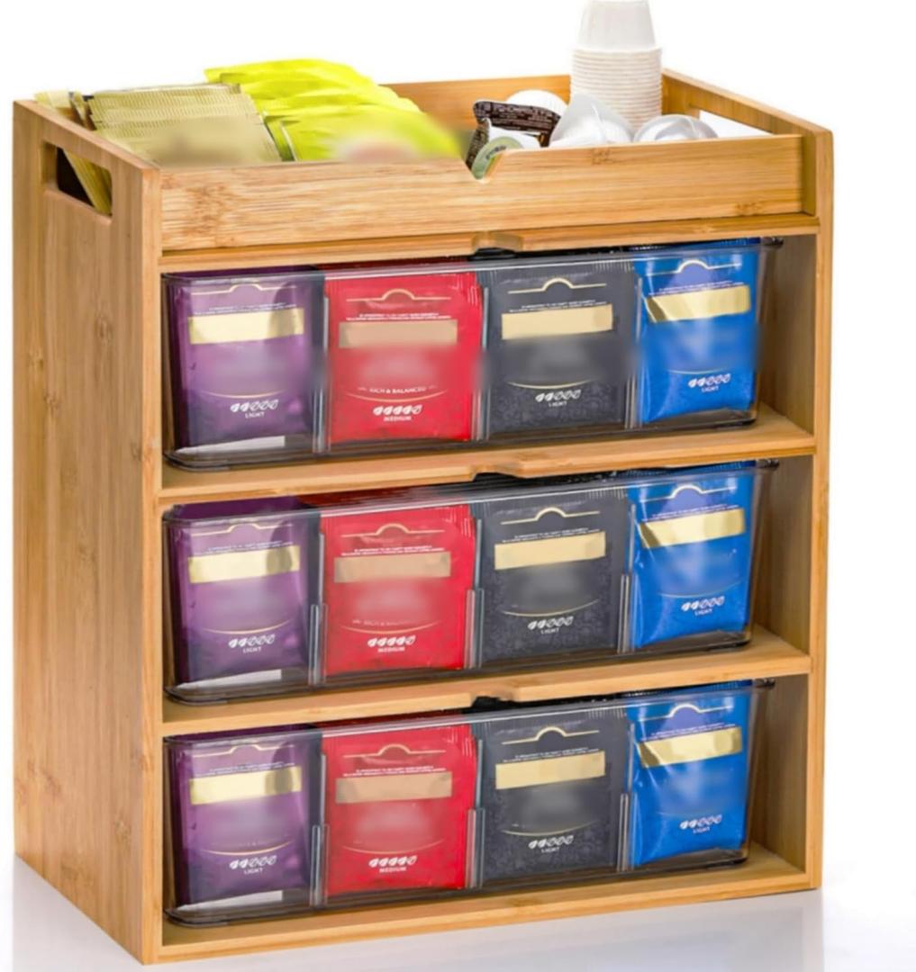 3 Tier Bamboo Tea Bag Storage Organizer, 14" x 11" x 6.5" Vertical Tea Packet Rack with Drawer, Store Over 180 Tea Bags Wood Tea Station with Acrylic Partition for Countertop Office Kitchen
