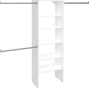 ClosetMaid SuiteSymphony Wood Closet Organizer Starter Kit Tower and 3 Hang Rods, Shelves, Adjustable, Fits Spaces 5  10 ft. Wide, Pure White, 25"