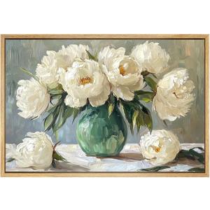 White Peony Canvas Wall Art Flower in Vase Prints Vintage Flower Pictures Abstract Botanical Poster Prints Vintage White Floral Painting for Living Room Bedroom 16x24inch Unframed