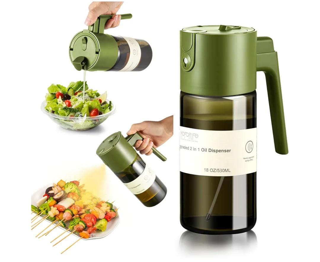 Glass 2 In 1 Olive Oil Dispenser Bottle for Kitchen Gadgets, Olive Oil Sprayer for Cooking 17oz/500ml (Light Blockage, Green)