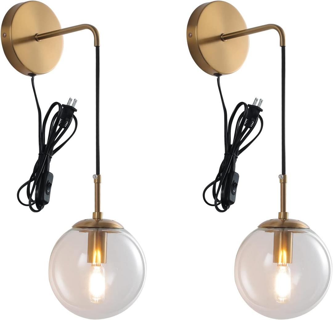 KUZZULL Wall Sconces Set of Two Plug in Wall Sconces Brushed Brass Gold Wall Lamp with Cord Wall Sconce Plug in with Globe Clear Glass Shade Sconces Set of 2 Wall Light Sconce