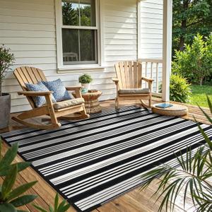 LEEVAN Outdoor Rug Waterproof for Patio Clearance Black and White Camping Rug 6x9 Plastic Straw Striped Floor Carpet for Backyard, Picnic, RV, Deck, Bench, Balcony