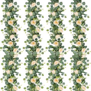 TOCHGREEN 4 Pack 24Ft Artificial Eucalyptus Flower Garland with Champagne Roses, Fake Rose Flower Greenery Garland Floral Vines for Wedding Home Party Table Runner Decor (4PCS, Champagne)