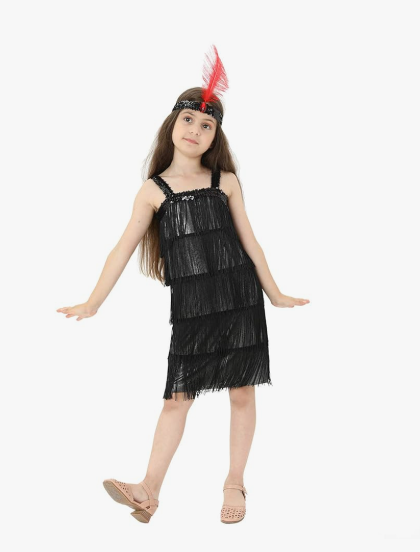 Leadtex Girl's 20s Flapper Dresses Costume Dress Childrens Party Fringed Dresses with Feather Headband,Size XL
