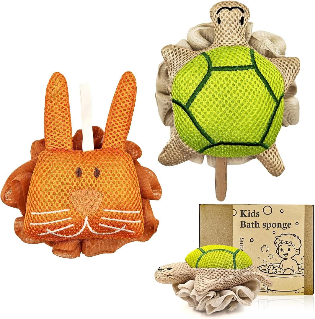 Kids Bath Sponge,Soft Mesh Shower Pouf for Kids,Cute Turtle&Bunny Bath Loofah Gentle Fun Bath Accessories for Boys and Girls