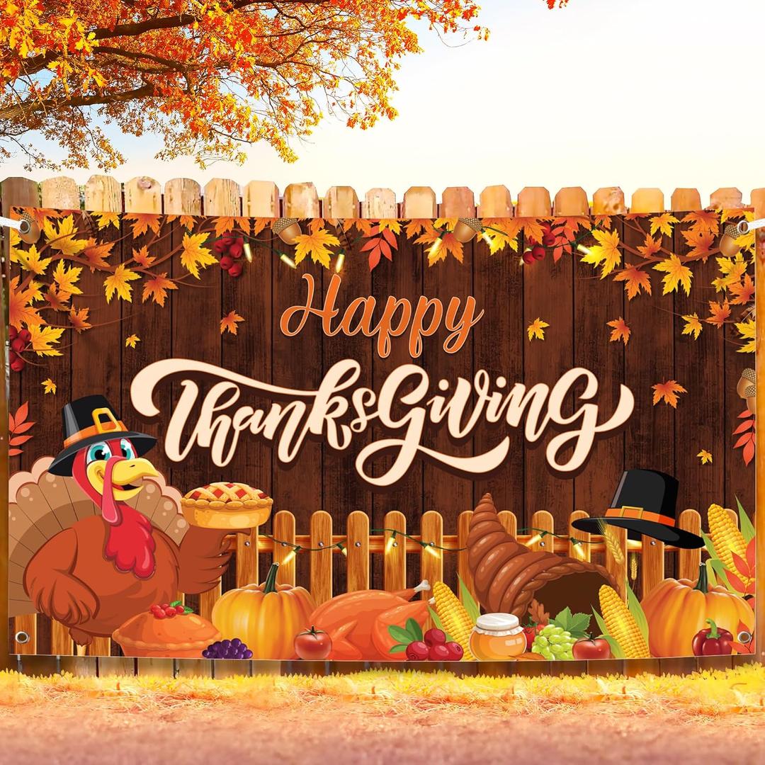 KatchOn, Happy Thanksgiving Banner - XtraLarge, 72x44 Inch | Happy Thanksgiving Backdrop for Thanks giving Party Decorations | Thanks giving Wall Banner | Fall Decorations (Dark Brown)