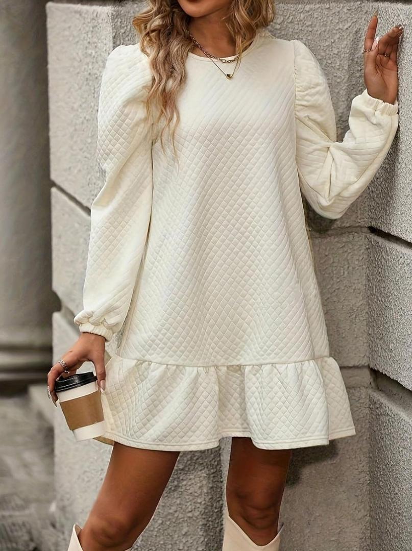 Women's Quilted Long Sleeve Ruffle Hem Mini Dress Casual Crew Neck Sweatshirt Dresses Puff Sleeve Fall & Winter Dress Size 4