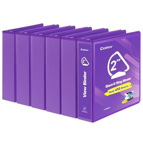COMIX Sturdy 3 Ring Binder 2 inch with Clear View Cover, 2" Slant-D Ring View Binder Holds 500 Sheets of US Letter Size Paper, 6 Pack (Purple)