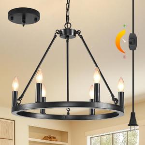 DIMMABLE Wagon Wheel Plug in Chandelier 6-Light, 20.5" Black Round Farmhouse Pendant Light Fixture with Cord, Height Adjustable Industrial Hanging Light, Outdoor Ceiling Light for Dining Room