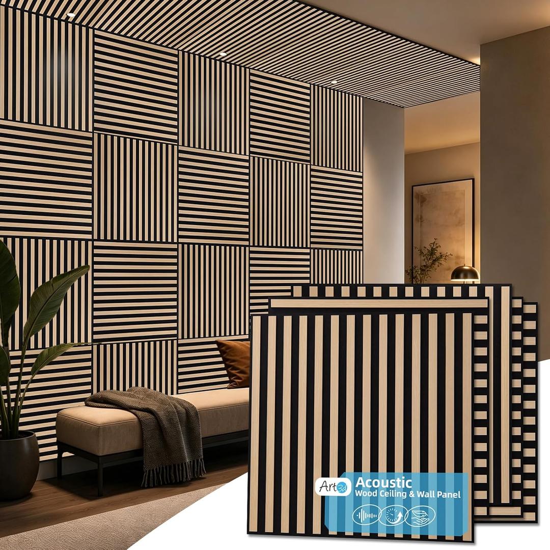 Art3d Acoustic Slat Wood Panels - 12-Pack 2x2ft Soundproof Drop Ceiling, Living Room & Bedroom DIY Decoration, Natural Oak