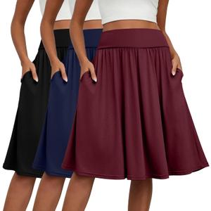 Evervibe 3 Pcs Skirts for Women Knee Length Skirt with Pockets Casual Ruched Flowy Midi Skirt (Black, Navy Blue, Wine Red, Medium)