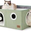 Bedsure Large Cat Beds for Indoor Cats - Extra Wide Cat Cube House for Small Pet with Fluffy Ball Hanging and Scratch Pad, Foldable Pet Cave Hideaway for Multiple Cats, 23.6x16.9x13 inches, Green