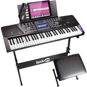 RockJam 61 Key Keyboard Piano With LCD Display Kit, Stand, Bench, Headphones, Simply App & Keynote Stickers