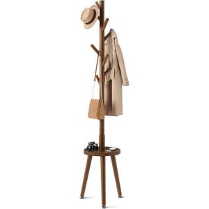 GREENSTELL Coat Rack with 8 Hooks, Wooden Coat Rack Freestanding with Shelf, Coat Tree with 4 Height Options 50.5"-72.6", Coat Hanger Stand for Bags, Clothes, Umbrellas, Hats, in Home, Brown