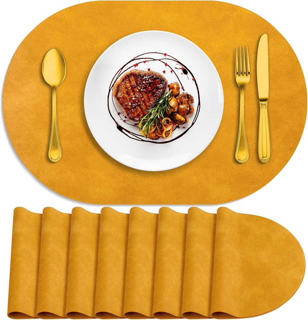ADRIMER Placemats, Heat Resistant Oval Placemats Set of 8 Washable 12 x 17 Inch, Waterproof Table Mats, Wipeable Pu Place Mats for Kitchen, Dining Room, Yellow