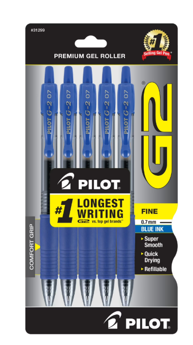 PILOT G2 Premium Refillable and Retractable Rolling Ball Gel Pens, Fine Point, Blue Ink, (Pack of 6, 30 Count Total)