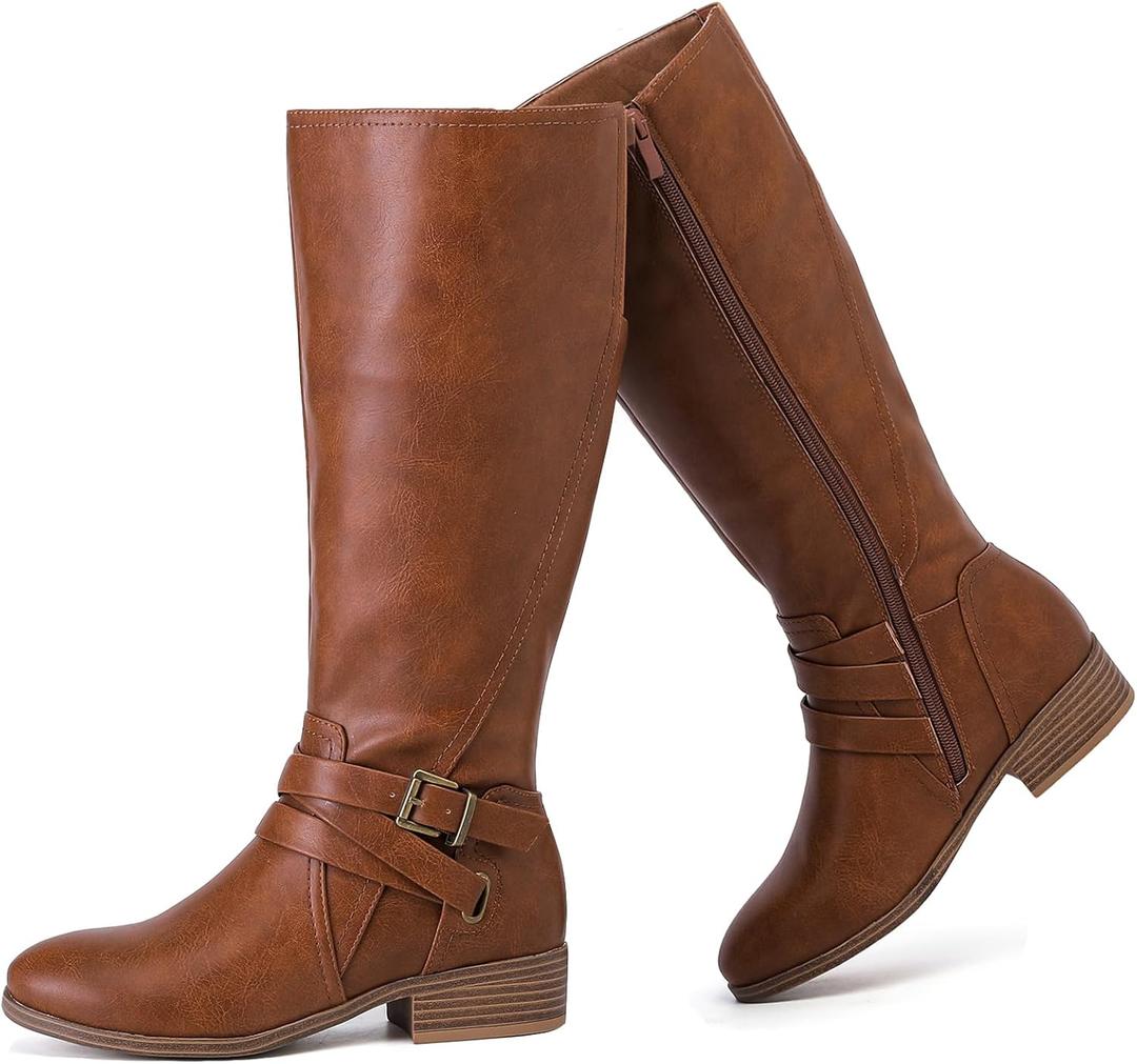 Women's Slouchy Knee High Boots Low Heel Comfort Round Toe Tall Calf Flat Riding Combat Boots for Women. (8.5, Tan Pu 113)