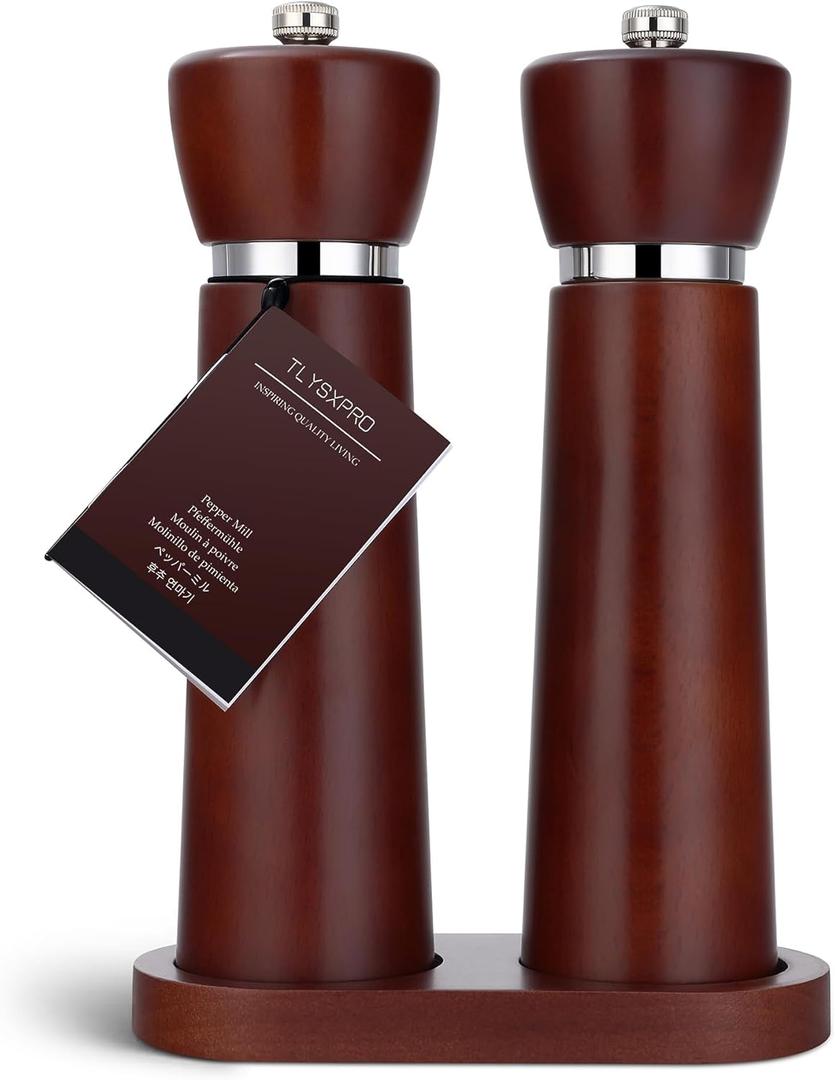 Wooden Salt and Pepper Grinder Set  Refillable Salt and Pepper Mill with Adjustable Upgraded Large Size Ceramic Burr  Manual Pepper Grinder with Beech Wood Body  8.3 Tall (Chestnut)