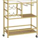 Bar Cart for Home, 3-Tier Serving Cart with Wheels and Handle, Beverage Cart with Wine Rack and Glass Holders, Rolling Wine Cart for Kitchen, Dining Room, Gold RCJ61B01