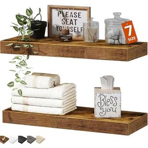 QEEIG Bathroom Floating Shelves for Wall - 15.7" Wall Mounted Shelf Over Toilet Farmhouse Home Decor Display Bookshelf Small 15.7 x 6.7 inch Set of 2, Rustic Brown (008-40BN)