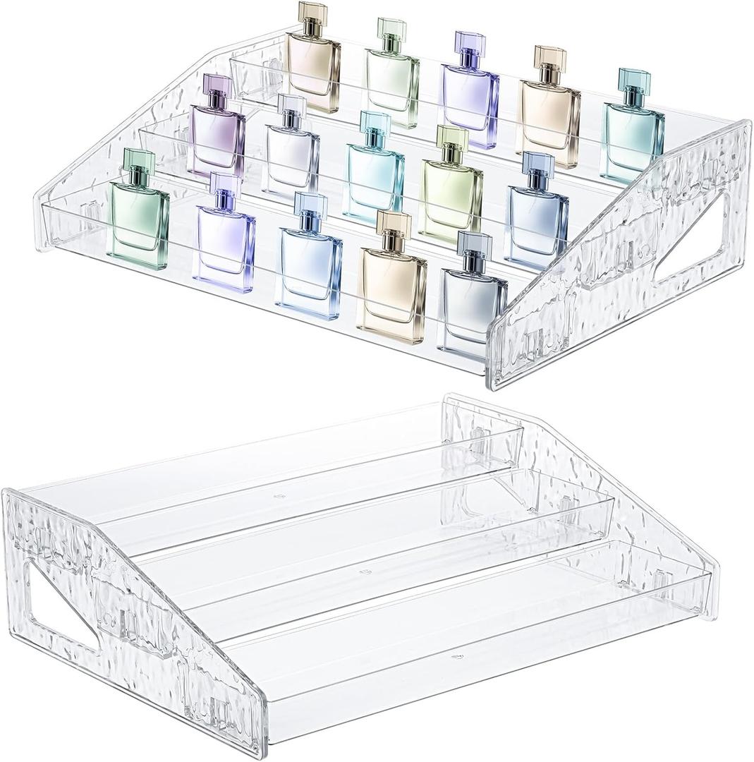 AIHSUMC 2 Pcs Perfume Organizer Stand, 3 Tier Acrylic Display Risers with Decorative Secure Fences, Tool-free Assembly, Clear Acrylic Shelf Risers for Cologne Cosmetic Dessert Cupcake for Countertop