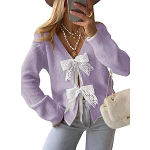 Cakulo Womens Bow Tie Sweater V Neck Cardigan Sweaters 2026 Lightweight Spring Fashion Knit Cardigans Outfits, Purple, M