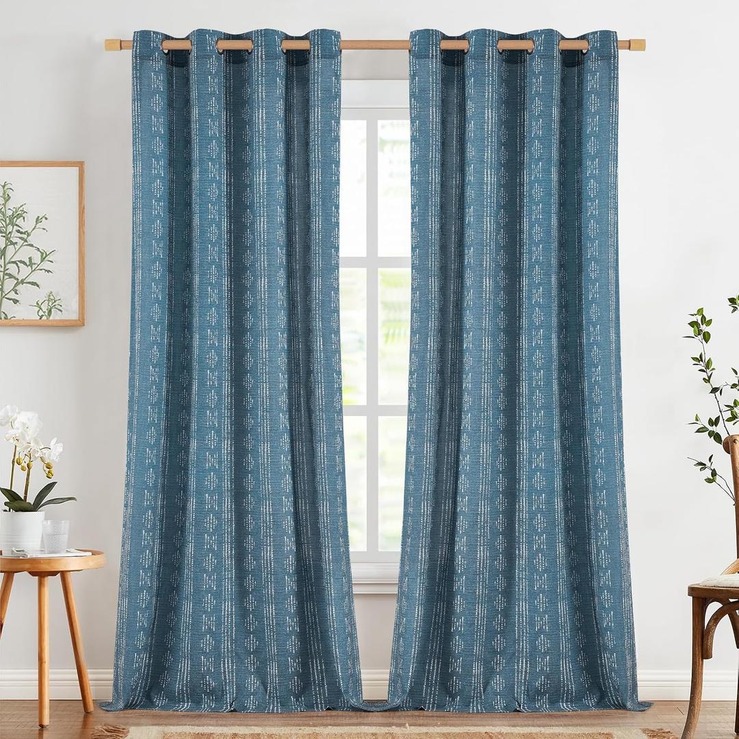jinchan Boho Curtains Linen Blend Curtains for Living Room Blue Boho Drapes 108 Inch Length 9 FT Tall for Bedroom Extra Long Semi Sheer Grommet Drapes Geometric Striped Printed 2 Panels