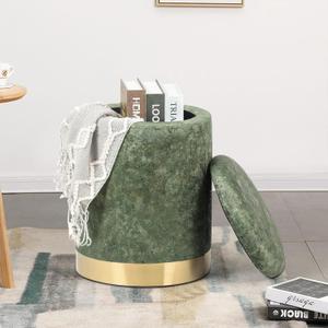Joveco Round Storage Ottoman with Removable Lid, Upholstered Padded Vanity Stool Footrest with Gold Plating Base, Great for Living Room Bedroom Makeup Room (Green)
