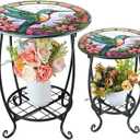 Cinnvoice 2 Pcs Outdoor End Table 12" and 16" Small Patio Side Round Mosaic Accent Indoor End Plant Metal Coffee Tea Table for Yard Porch Garden Patio Living Room (12" and 16", Hummingbird Style)