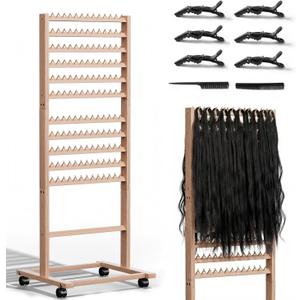 286 Pegs Wood Braiding Hair Rack for Braiders Standing with Wheels & Braid Accessories,2-Sided Hair Separator for Braiding, Extension Holder Hanger for Braiders,Hairstylists