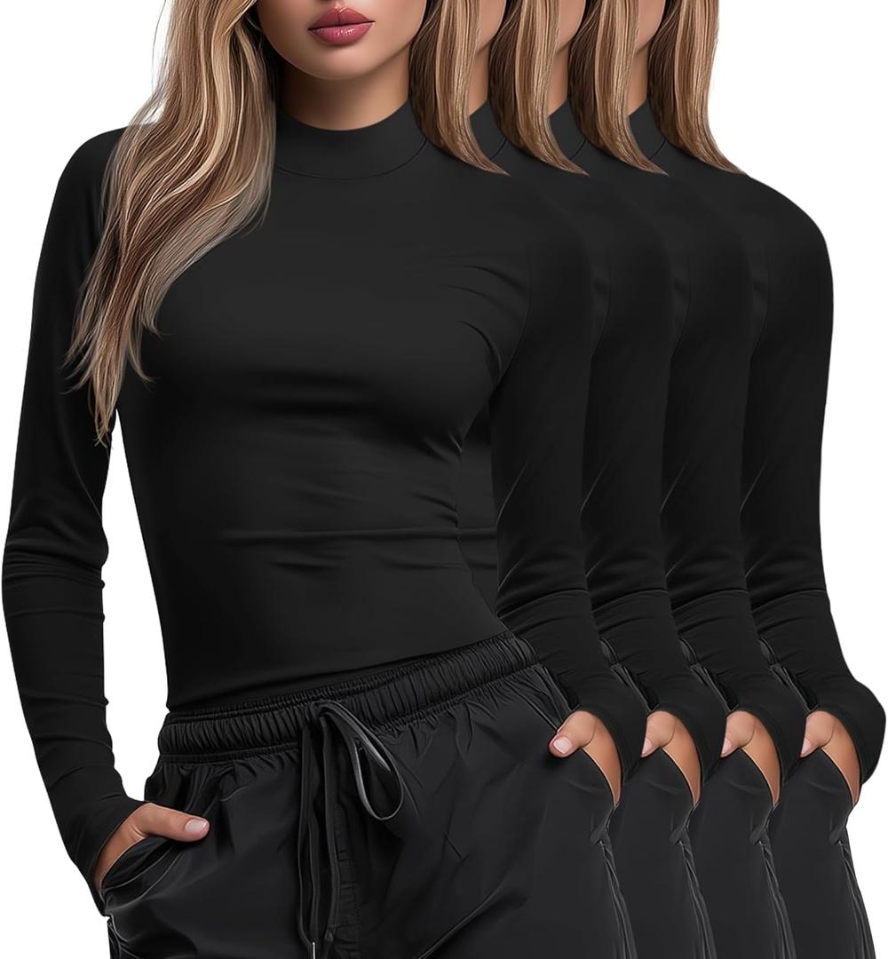 Xaatren 4 Pack Women's Long Sleeve Underscrub Shirt Mock Neck Slim Fit Tops Lightweight Thermal Base Layer Scrubs Undershirts (Medium, Black, Black, Black, Black)