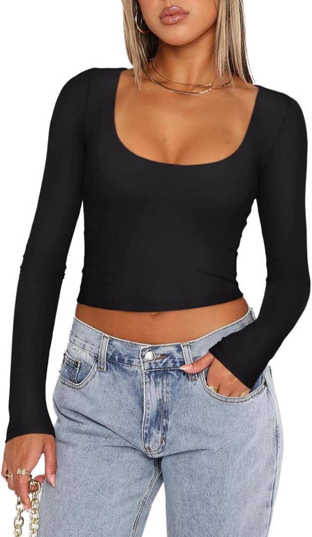 REORIA Women's Long Sleeve Scoop Neck Shirts Slim Double Lined Fashion Layering Fall Basic Crop Tops (Small, Black)