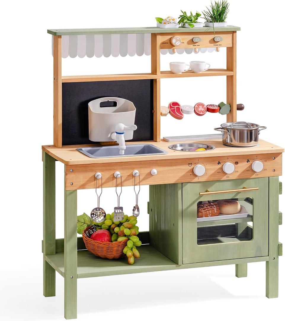 ROBOTIME Mud Kitchen for Kids, Outdoor Wooden Playset with Mud Kitchen, Sink, BBQ Grill, Coffee Maker, Planting Area & Oven, Pretend Play Kitchen for Outdoor Fun Ages 3+, Large