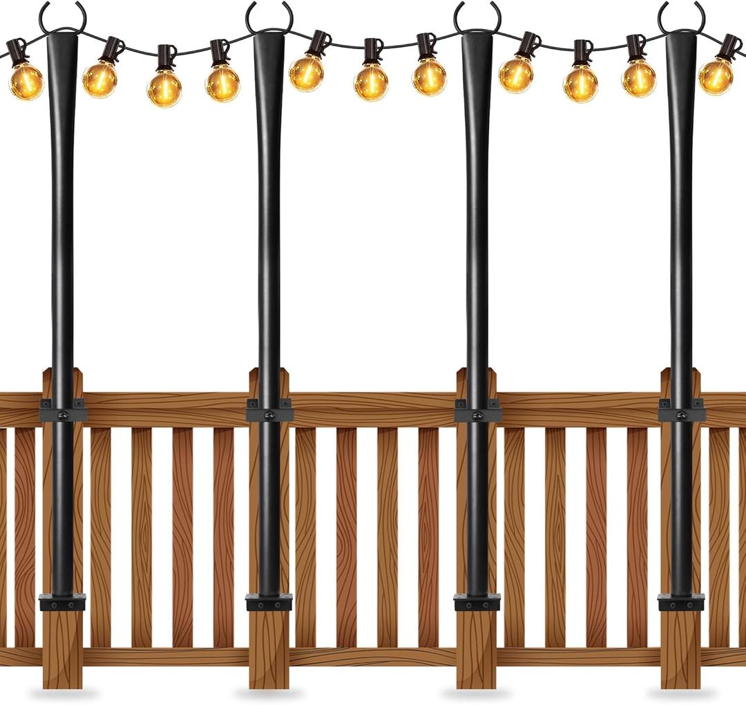 4 Pack String Light Poles for Deck, 5Ft Heavy-Duty Metal Deck Light Poles for Outside with Fixing Clips, Lighting Hanging Post Accessories for Patio Decor Garden Backyard Yard Fence Porch Decorations