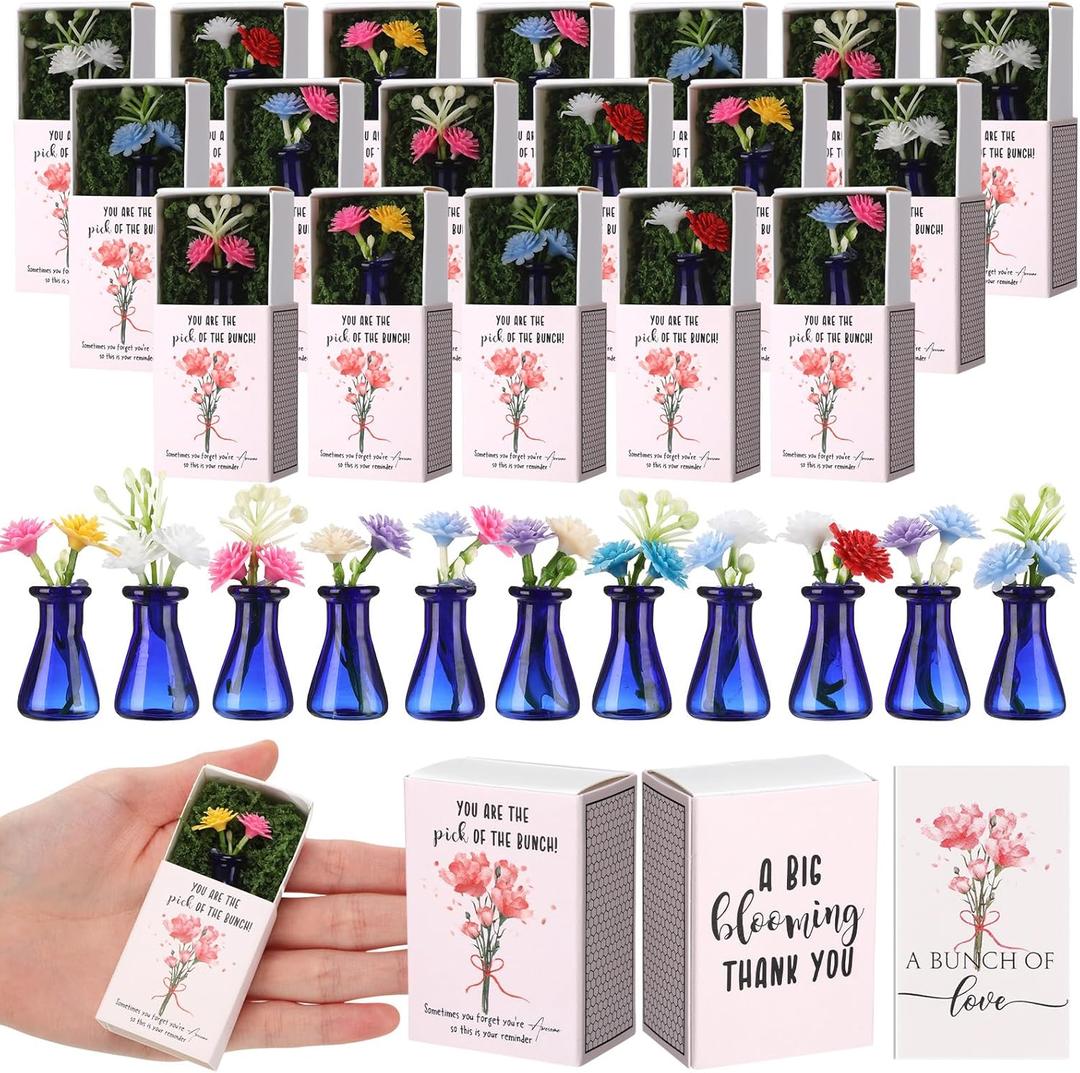 Wonderjune 12 Sets End of School Year Student Gifts Bulk for Women Positive Mini Bud Vases with Flower Office Desk Decor Mini Box Breathing Thank You Graduation Favors for Coworker (Blue)