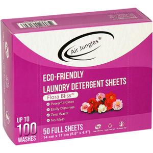 Air Jungles Laundry Detergent Sheets 100 Loads, Flora Bliss Scent, Easy to Use, Zero Waste Solution, Lightweight, Powerful Cleaning, Ideal for Home and Travel, 50 Count
