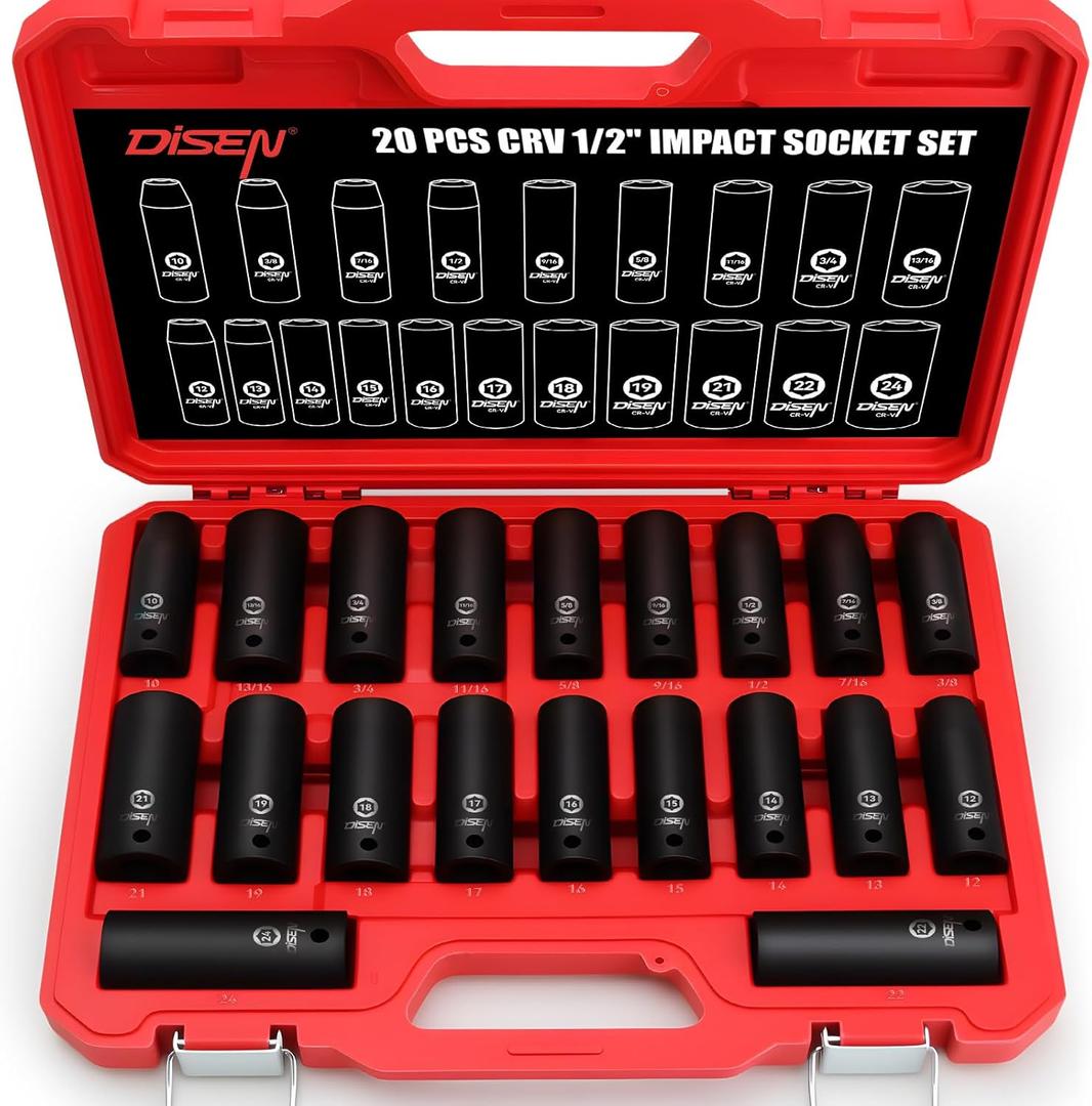 DISEN 20PCS 1/2" Impact Socket Set, Deep Sockets SAE 13/16"-3/8" & Metric 10-24mm, 6-Point Cr-V & Alloy Steel, 1/2 Inches Drive Impact Socket Set,Rugged Construction, Enhanced Storage Case