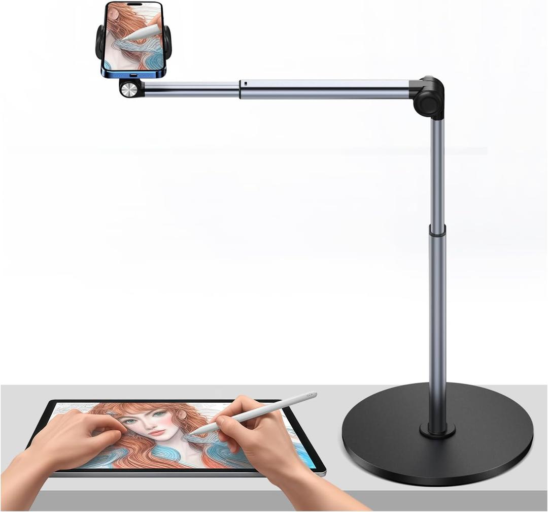 yAyusi Heavy Duty Aluminum Overhead Tripod for iPhone, 12 in Long Phone Mount for Desk, Flexible Articulating Arm Overhead Phone Mount for Live Streaming, Meeting, Cooking, Nail Video Recording