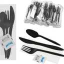 100Pack Plastic Cutlery Packets, Knife Fork Spoon Napkin Salt Pepper Sets, Individually Wrapped Black Plastic Cutlery Packets for Delivery, Cafeterias, Restaurants